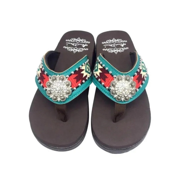 Montana West Aztec Embroidered Wedge Flip-Flop Boho Chic - Picture 1 of 16